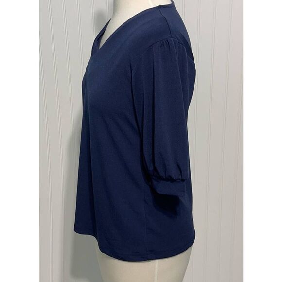 JM Collection Puff Sleeve V-neck Blouse Top Short Sleeve Intrepid Blue Small - Picture 9 of 10